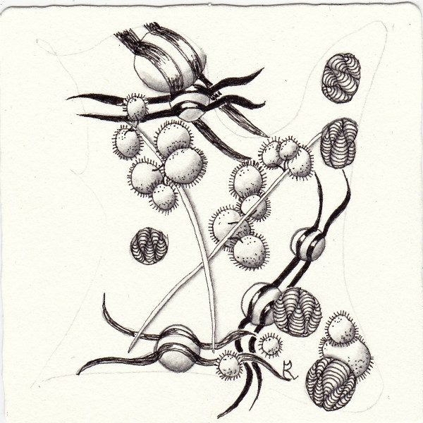 Ein Zentangle aus den Mustern Quatiny, Sekips, Yagi,  gezeichnet von Ela Rieger, CZT