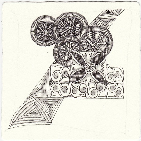 Ein Zentangle aus den Mustern Balawat, Dorset, Fassettoo, Mei gezeichnet von Ela Rieger, CZT