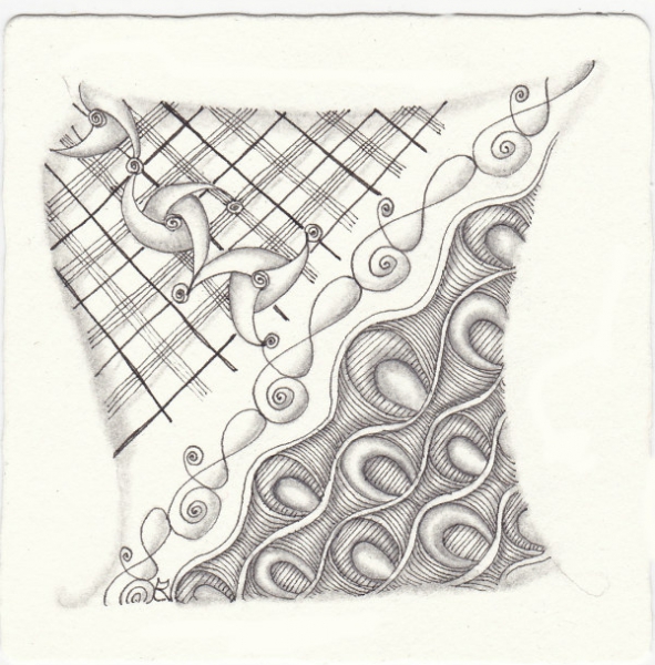 Ein Zentangle aus den Mustern Jesterz , MacDee, Muzaky, Pavonia gezeichnet von Ela Rieger, CZT