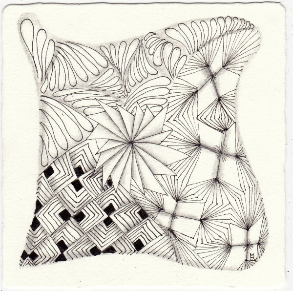 Ein Zentangle aus den Mustern Palrevo, SNAFOOZLE, Tuftid, Wirly Bird gezeichnet von Ela Rieger, CZT
