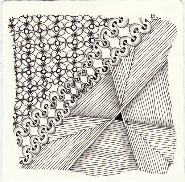 Ein Zentangle aus den Mustern Balloya, Charmzy, Inka,  gezeichnet von Ela Rieger, CZT