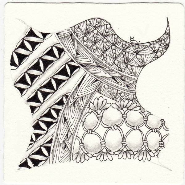 Ein Zentangle aus den Mustern Ving, Throne Room, Shard, Pozi gezeichnet von Ela Rieger, CZT