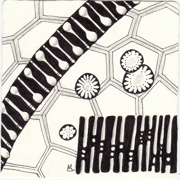 Ein Zentangle aus den Mustern Spoonz, Papermint, Octegon, Lava-Juice gezeichnet von Ela Rieger, CZT