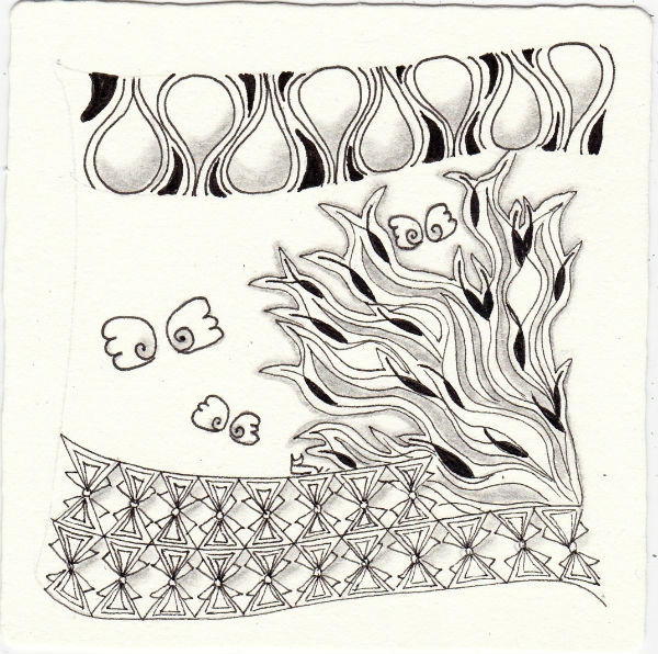 Ein Zentangle aus den Mustern Baby Wings, Botie, Caural, Dropz gezeichnet von Ela Rieger, CZT