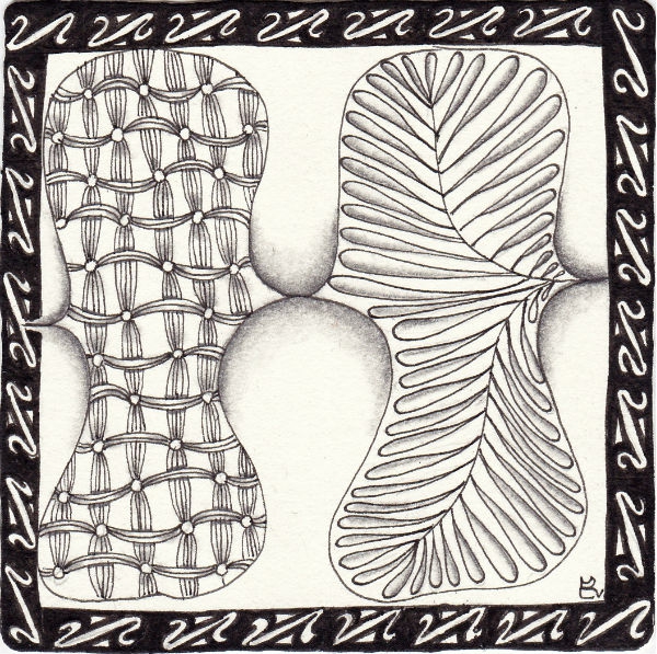 Ein Zentangle aus den Mustern 2x2, Braces, Fernz, Harfe gezeichnet von Ela Rieger, CZT