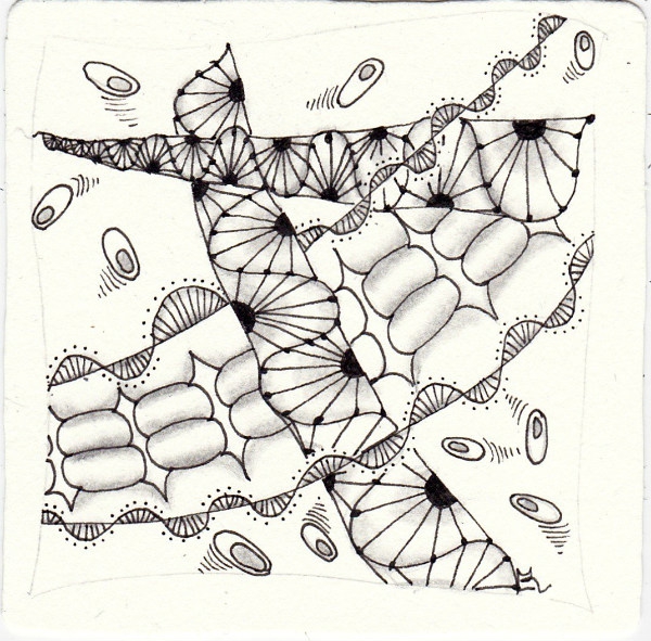 Ein Zentangle aus den Mustern Coaster, Jumping Beans, Organza, Penelope gezeichnet von Ela Rieger, CZT