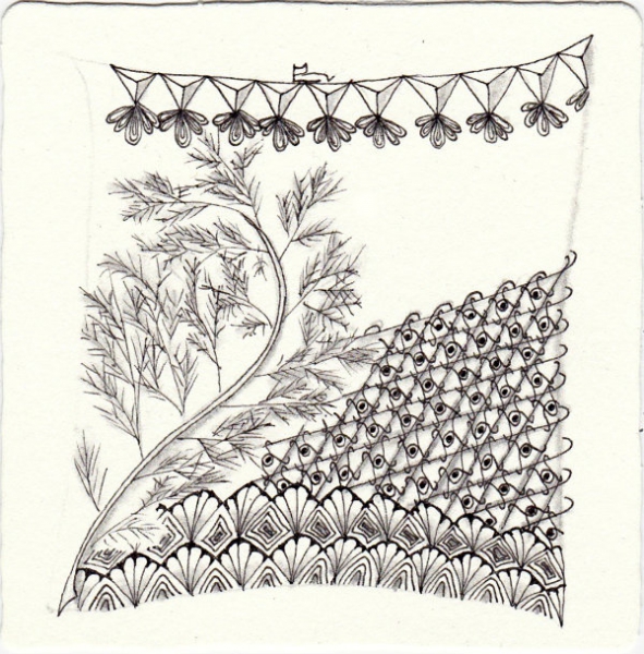 Ein Zentangle aus den Mustern Eca-Lin, Gigante Duster, Joust, Migracurl gezeichnet von Ela Rieger, CZT