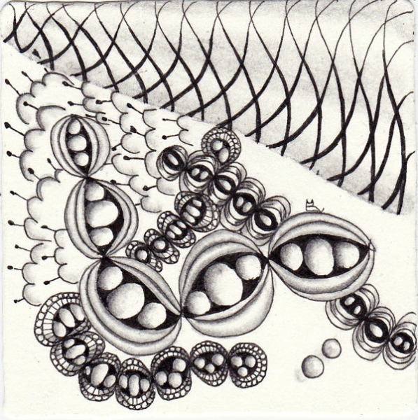 Ein Zentangle aus den Mustern Contix, Gem, Inapod, Loopies gezeichnet von Ela Rieger, CZT