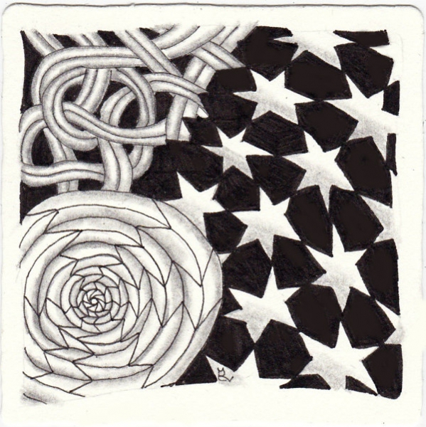 Ein Zentangle aus den Mustern Sixtars, Stayend, Voxter, Yah gezeichnet von Ela Rieger, CZT