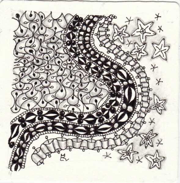 Ein Zentangle aus den Mustern Fuenf, Jingles, Joie, Lichen gezeichnet von Ela Rieger, CZT