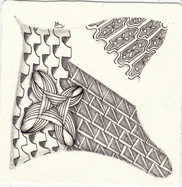 Ein Zentangle aus den Mustern Ceramix, El-Zee, Loop, Parked gezeichnet von Ela Rieger, CZT