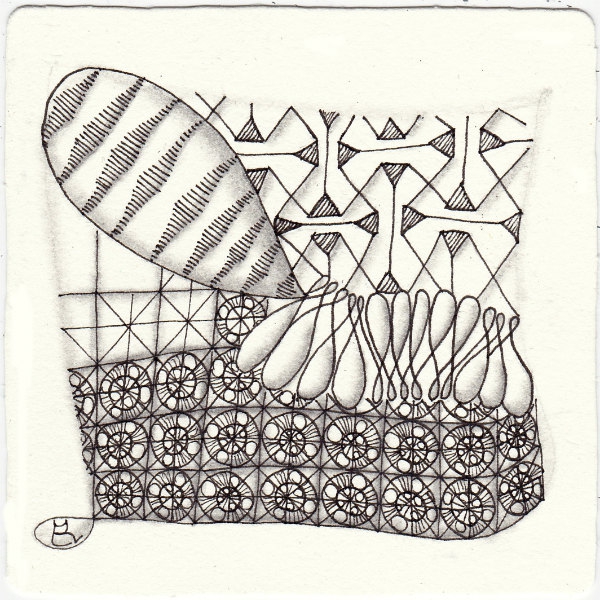 Ein Zentangle aus den Mustern Echo, Kitl, NEWS, Pizta gezeichnet von Ela Rieger, CZT