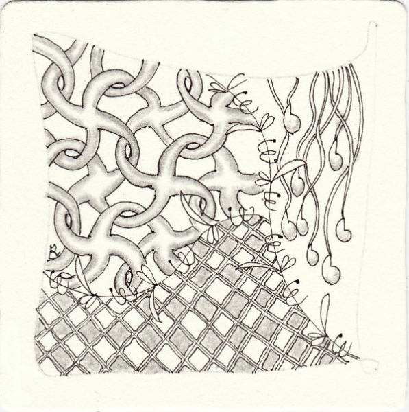 Ein Zentangle aus den Mustern Heavenly, Leaf and a twist, Morph, Stepin Stones gezeichnet von Ela Rieger, CZT