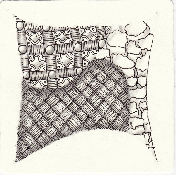 Ein Zentangle aus den Mustern Barquillos, Hit a Rock Pile, Hyingu, Quatrefoil gezeichnet von Ela Rieger, CZT