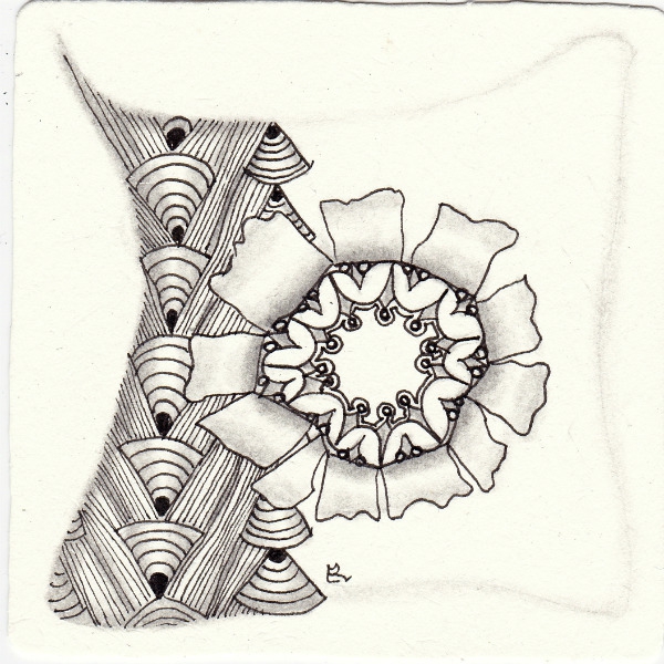 Ein Zentangle aus den Mustern Plaited, Thats Torn It V2, Zenith,  gezeichnet von Ela Rieger, CZT