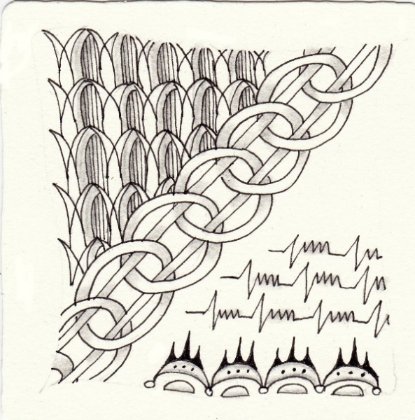 Ein Zentangle aus den Mustern Heart Beat, Lian, Outership, Palms gezeichnet von Ela Rieger, CZT