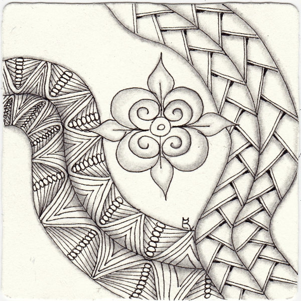 Ein Zentangle aus den Mustern Loopy, Normandy, Ragz,  gezeichnet von Ela Rieger, CZT