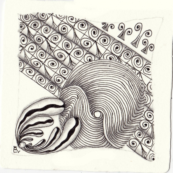Ein Zentangle aus den Mustern Ionic, Lucky, Phuds, Verve gezeichnet von Ela Rieger, CZT