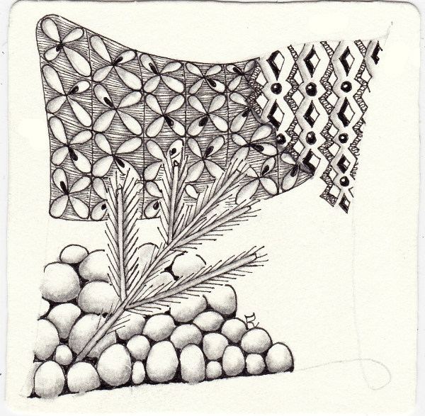 Ein Zentangle aus den Mustern Cobbles, Fanfeather, Illawarrior, Kiss gezeichnet von Ela Rieger, CZT