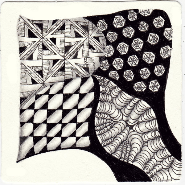 Ein Zentangle aus den Mustern Daviso, Hekzee, Mr.E, Opposites gezeichnet von Ela Rieger, CZT