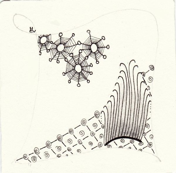Ein Zentangle aus den Mustern Jaybarz, Sunny Grid, Hepmee gezeichnet von Ela Rieger, CZT