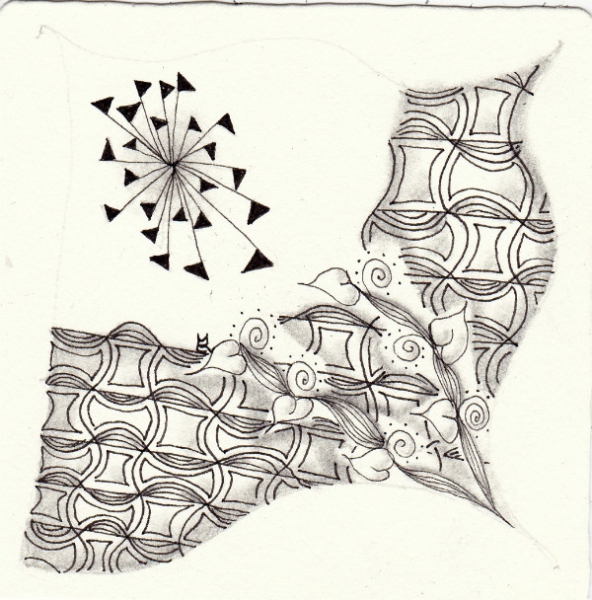 Ein Zentangle aus den Mustern Xenso, Leaf pod on a line, Xplode,  gezeichnet von Ela Rieger, CZT