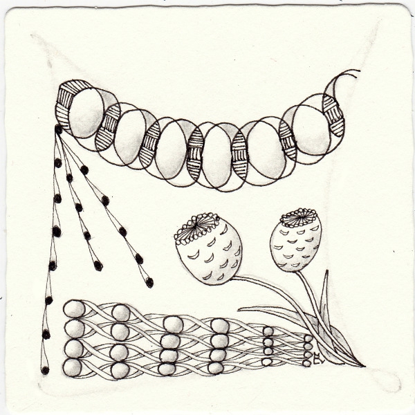 Ein Zentangle aus den Mustern Ringalink, Tropicapod, Angela, Crosver gezeichnet von Ela Rieger, CZT