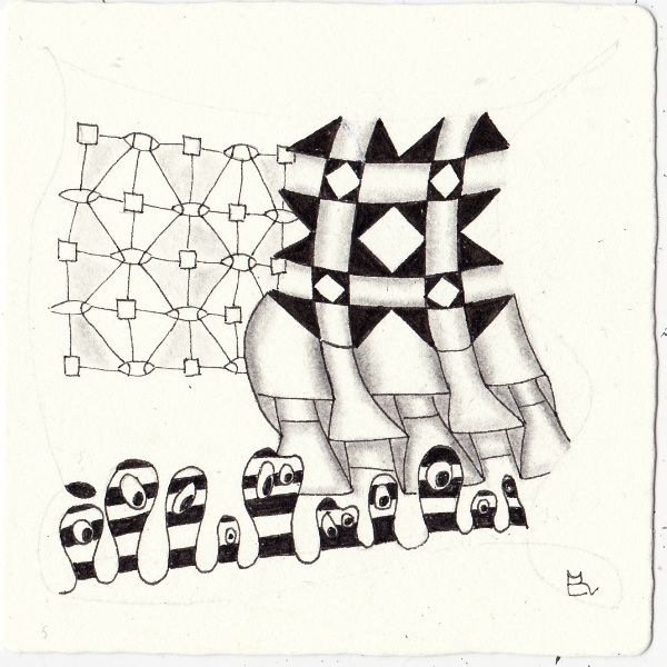 Ein Zentangle aus den Mustern Envelope, Trapt2, Twoan, Bad Air Day gezeichnet von Ela Rieger, CZT