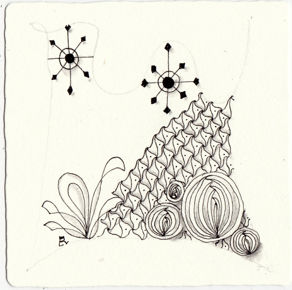 Ein Zentangle aus den Mustern Whereto, Sunny Grass, Wildwood, Uncorked gezeichnet von Ela Rieger, CZT