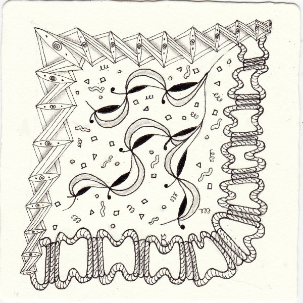 Ein Zentangle aus den Mustern Chirps, Partay, Quanxi, Chordin gezeichnet von Ela Rieger, CZT