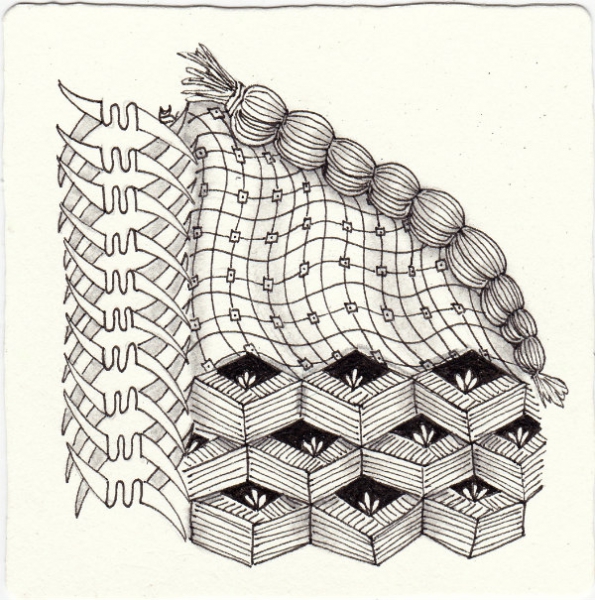 Ein Zentangle aus den Mustern Screen, Bandola, Braided Rope, Strechy gezeichnet von Ela Rieger, CZT