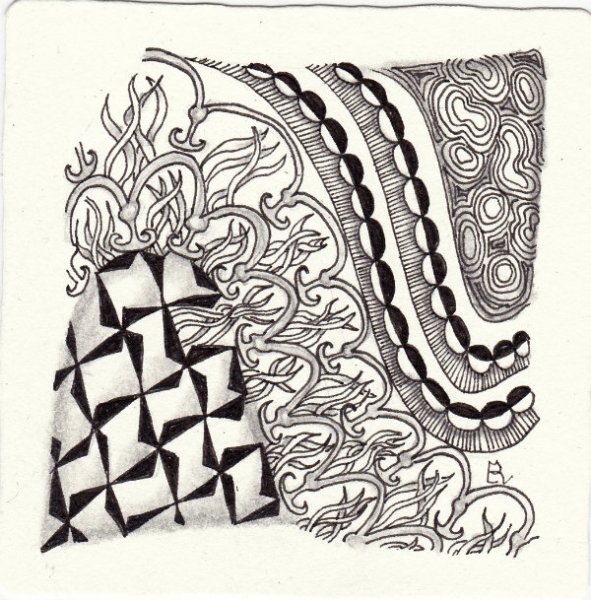 Ein Zentangle aus den Mustern Puddles, Wellenstil, Znzu, Pia gezeichnet von Ela Rieger, CZT