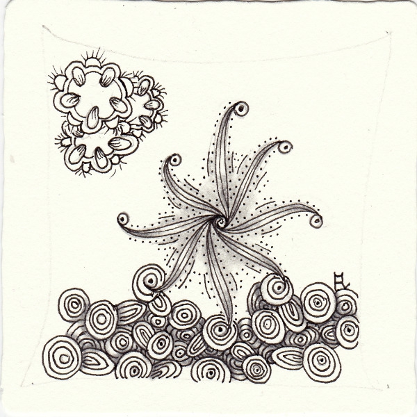 Ein Zentangle aus den Mustern Cameo, Floret, Pixioze,  gezeichnet von Ela Rieger, CZT