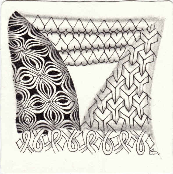 Ein Zentangle aus den Mustern Yego, Zonked, 120 Ribbonz, Heart Devided gezeichnet von Ela Rieger, CZT