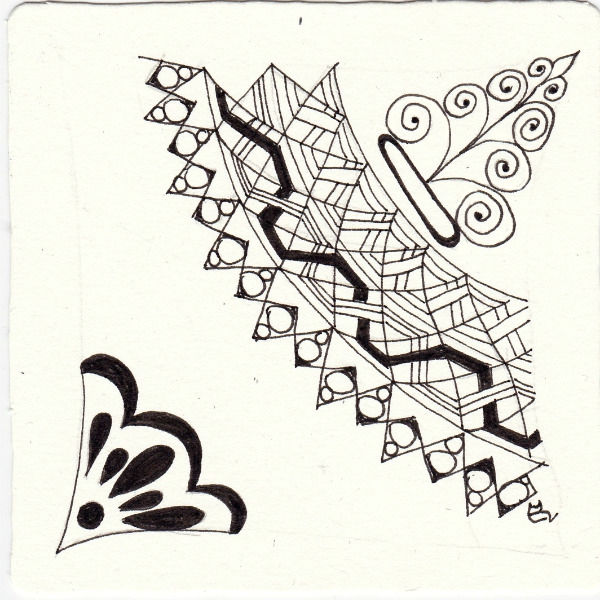 Ein Zentangle aus den Mustern Gigi, Paris, Versailles, X2 gezeichnet von Ela Rieger, CZT
