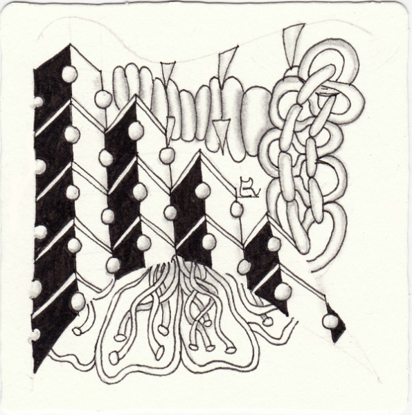 Ein Zentangle aus den Mustern Pumpkin Surprise, Meander, Budzic, Sprix gezeichnet von Ela Rieger, CZT