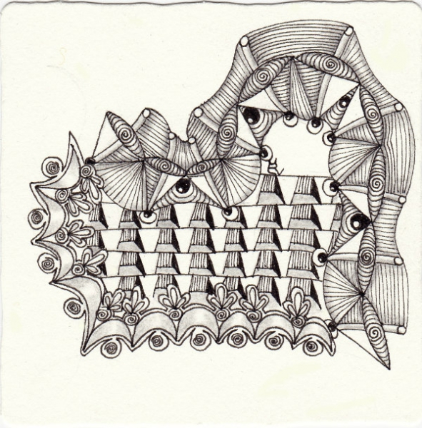 Ein Zentangle aus den Mustern Tri-Ledge, Prop, Charris,  gezeichnet von Ela Rieger, CZT