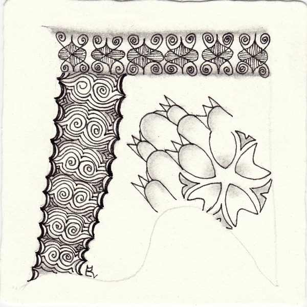 Ein Zentangle aus den Mustern Castle Rock, Sacura, Zivts, Quickzly gezeichnet von Ela Rieger, CZT