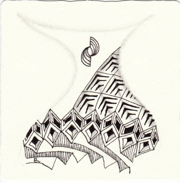 Ein Zentangle aus den Mustern Overunder, Turbine, Vivi, Zibbox gezeichnet von Ela Rieger, CZT