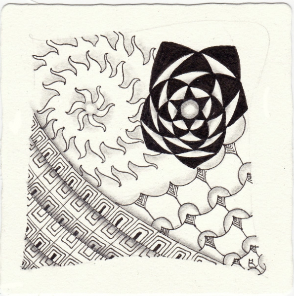 Ein Zentangle aus den Mustern Quare, Tulips, Fires, Zendau gezeichnet von Ela Rieger, CZT