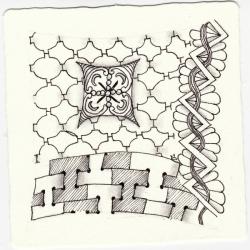Ein Zentangle aus den Mustern Fandango, Genoa, H, Handi gezeichnet von Ela Rieger, CZT