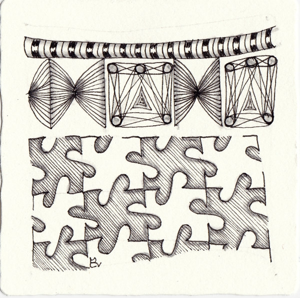 Ein Zentangle aus den Mustern Barberpole, Paper Latern, Clockwises, OMG gezeichnet von Ela Rieger, CZT