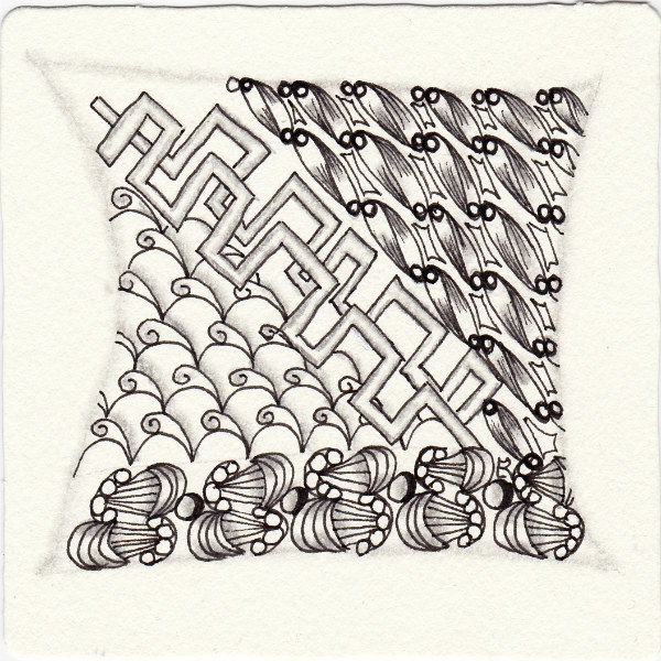Ein Zentangle aus den Mustern Zuko, C-Six, Kissal, Easy 3sy gezeichnet von Ela Rieger, CZT