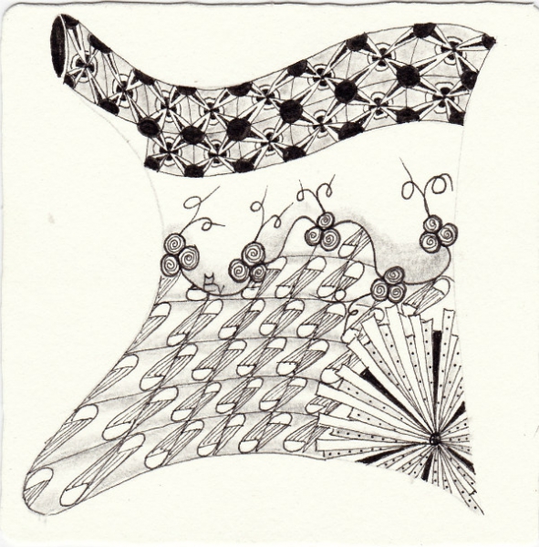 Ein Zentangle aus den Mustern Scrolls, Spearl, Splinters, Pina gezeichnet von Ela Rieger, CZT