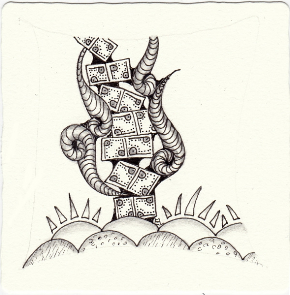 Ein Zentangle aus den Mustern Morning, Pand, Repeat Pattern Stacks, Up in smoke gezeichnet von Ela Rieger, CZT