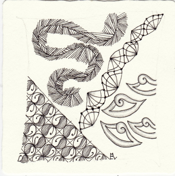 Ein Zentangle aus den Mustern Bud, Baton, Truffle, Yang gezeichnet von Ela Rieger, CZT