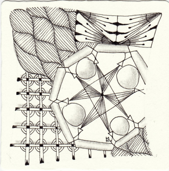 Ein Zentangle aus den Mustern Tri Dala, Wings, Waverly, Seton gezeichnet von Ela Rieger, CZT