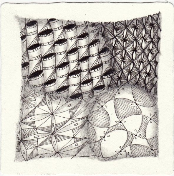Ein Zentangle aus den Mustern Zanzee, 4 Corners, Carpet Rugz, Chim Chimenee gezeichnet von Ela Rieger, CZT