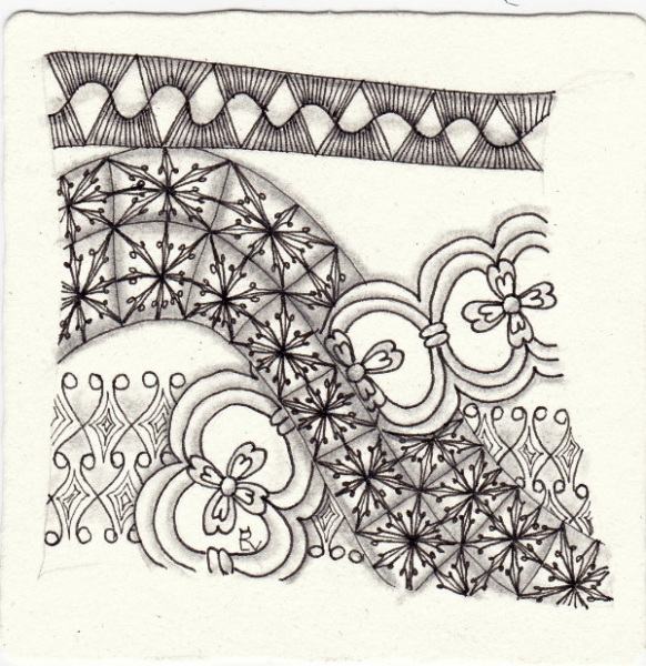 Ein Zentangle aus den Mustern Sun Up Sun Down, Snag, Persian Flower Border 2, Lirik gezeichnet von Ela Rieger, CZT