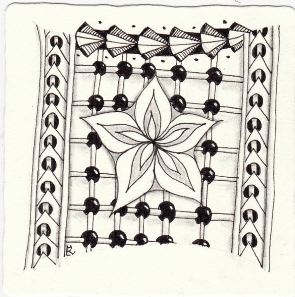 Ein Zentangle aus den Mustern Bugler, Star Fruit, Locked, Chemystry gezeichnet von Ela Rieger, CZT